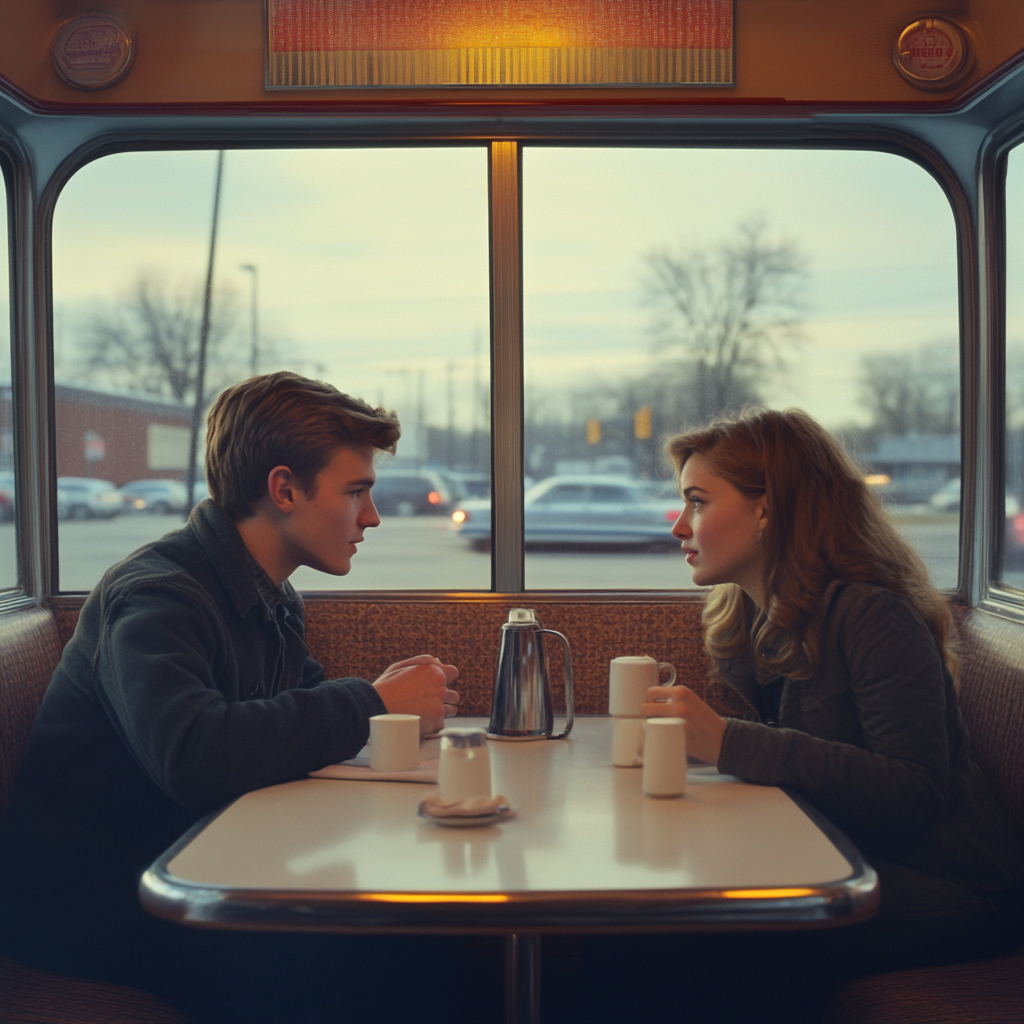 Intimate moment in cozy diner booth, nostalgic lighting