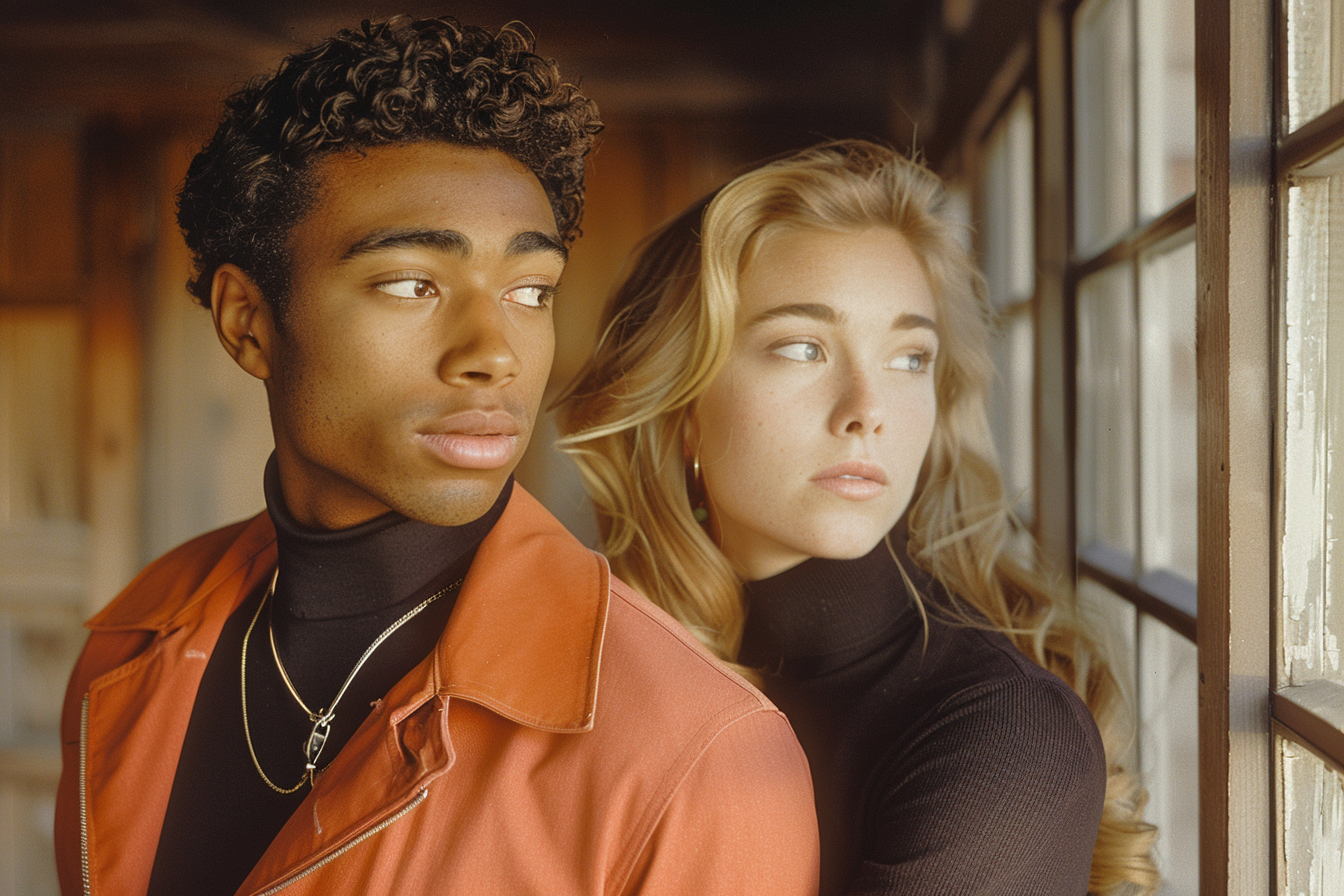 Intimate young couple in profile, gentle expressions, ethereal background.