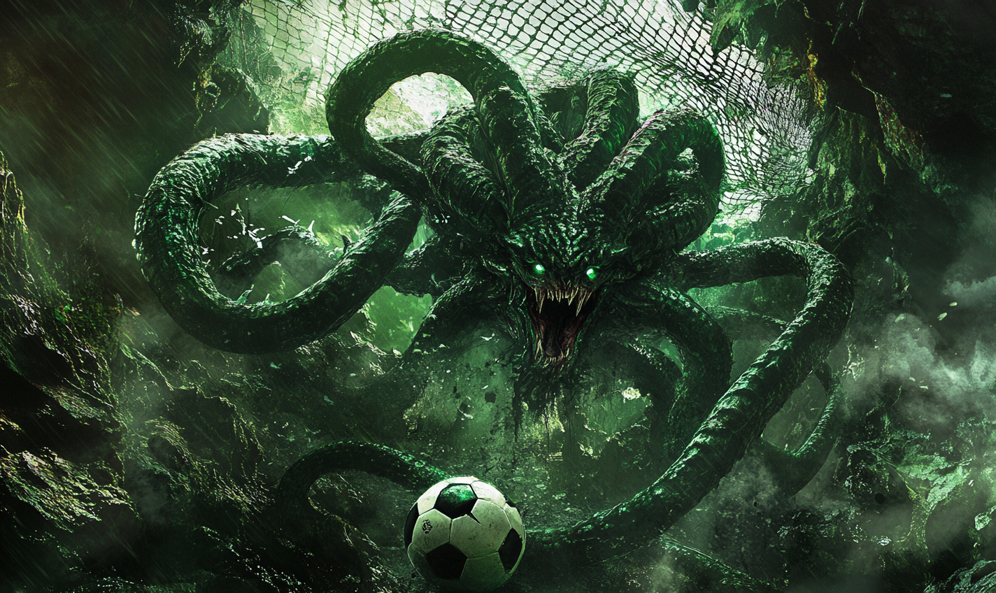 Intimidating Hydra Emerging from Soccer Net Cave