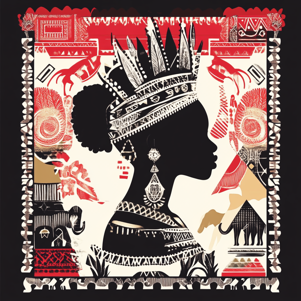 Intricate African queen silhouette with vibrant red, white, gold.