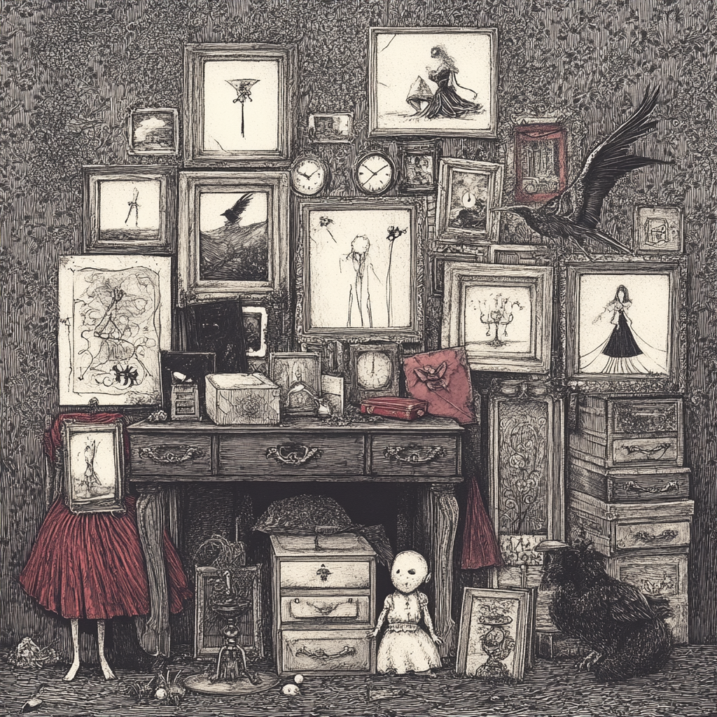 Intricate Edward Gorey-style illustration of abandoned theatrical stage