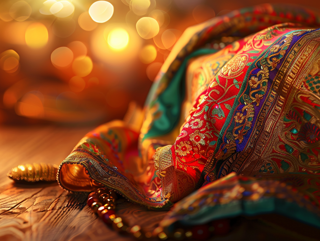 Intricate Saree Design on Wooden Table, Jewelry Nearby