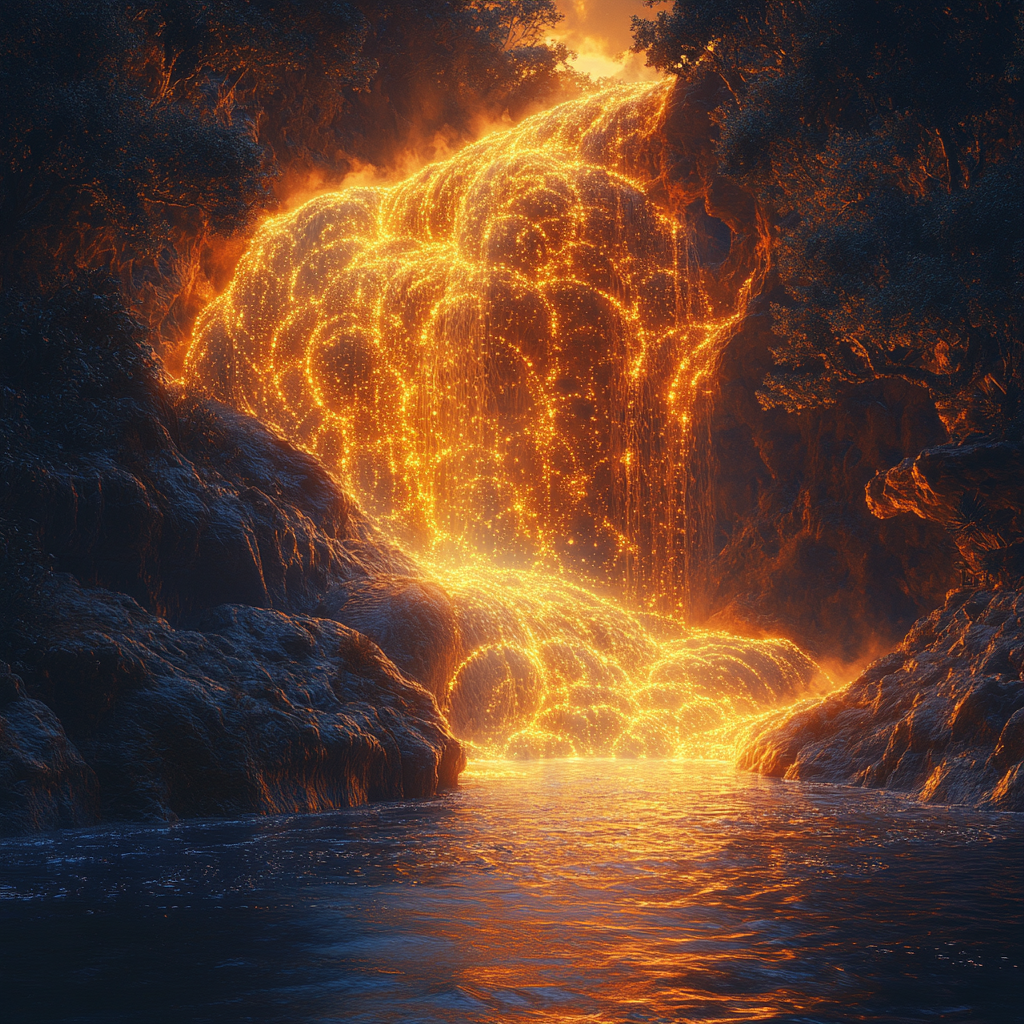 Intricate algebraic forest waterfall in fire style pattern landscape.