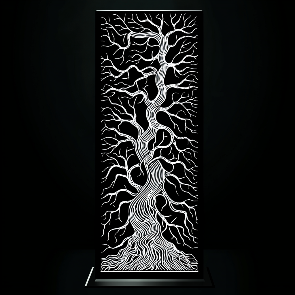 Intricate black and white blockchain tree design.