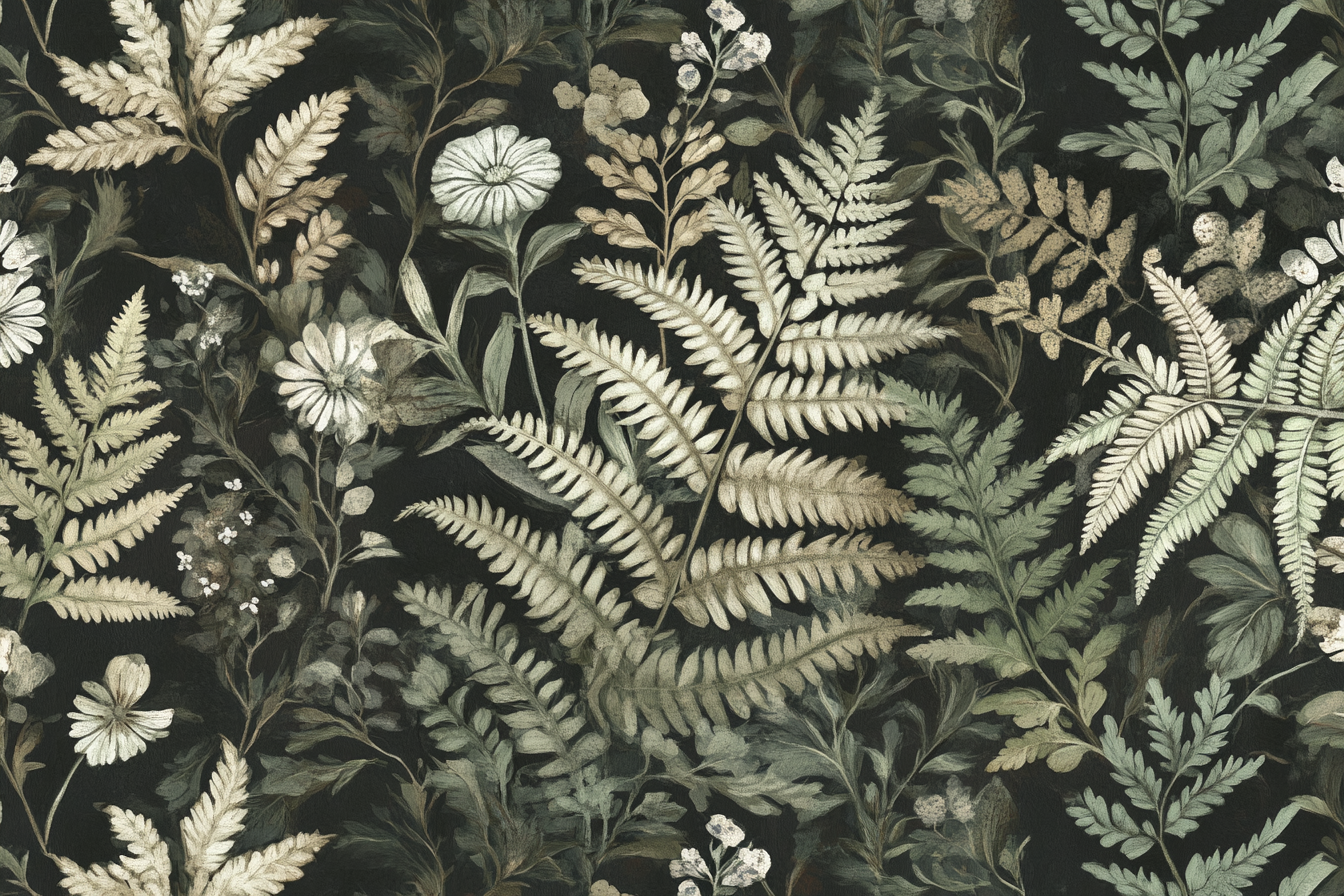 Intricate botanical wallpaper in muted tones against dark background.