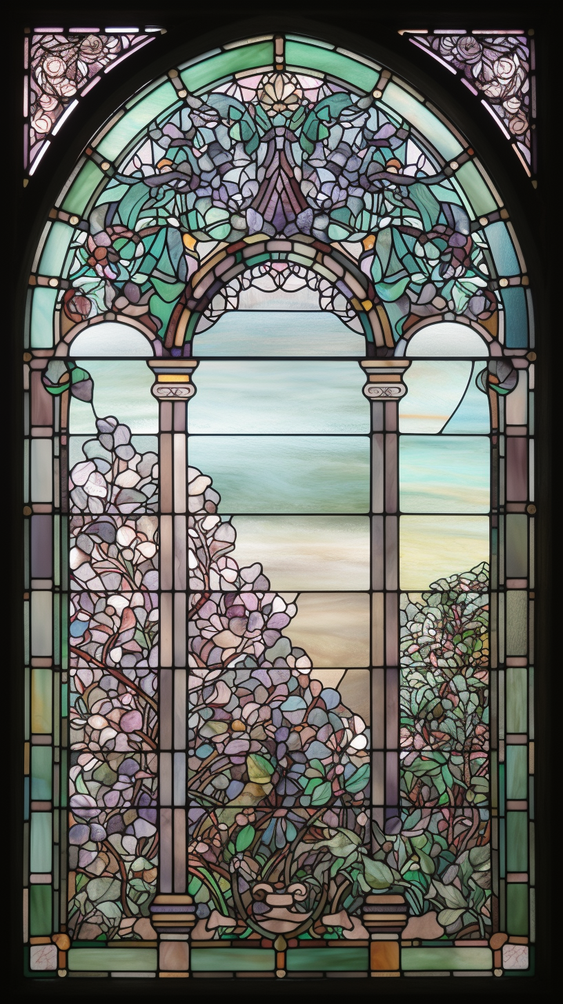 Intricate floral design stained glass window with weathered texture.