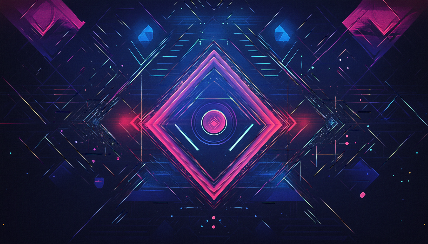 Intricate geometric pattern in vibrant neon colors on dark background.