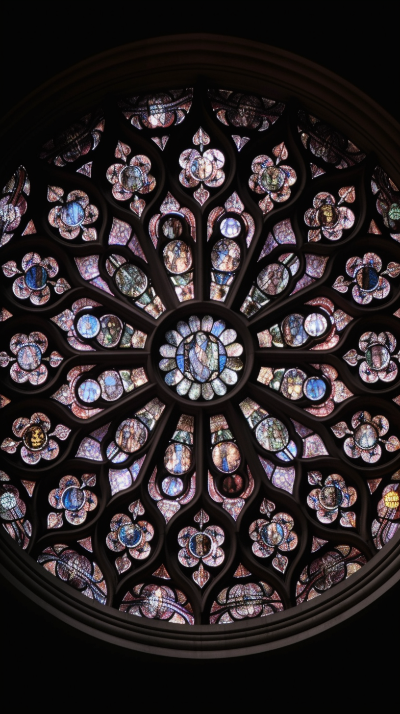 Intricate gothic stained glass rose window in dark pastels.