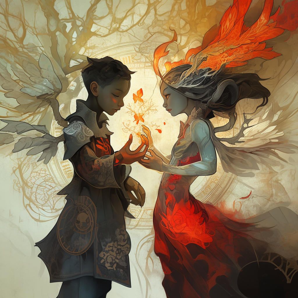 Intricate ice angel girl and flame angel boy love.