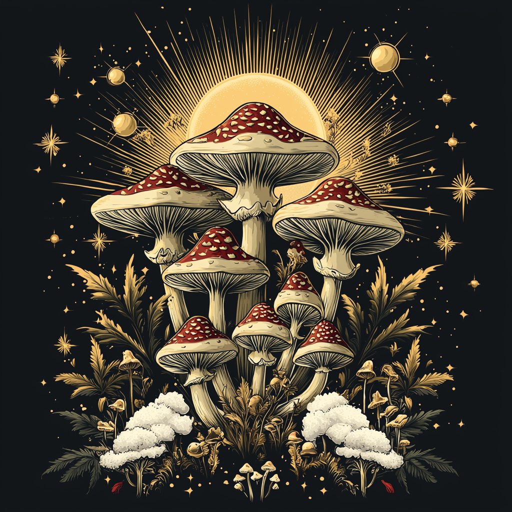 Intricate logo with mushrooms, sunshine, love, shop, cannabis.