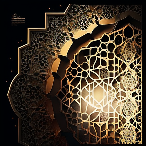 Intricate moqarnasat and Islamic geometric patterns glow in poster.