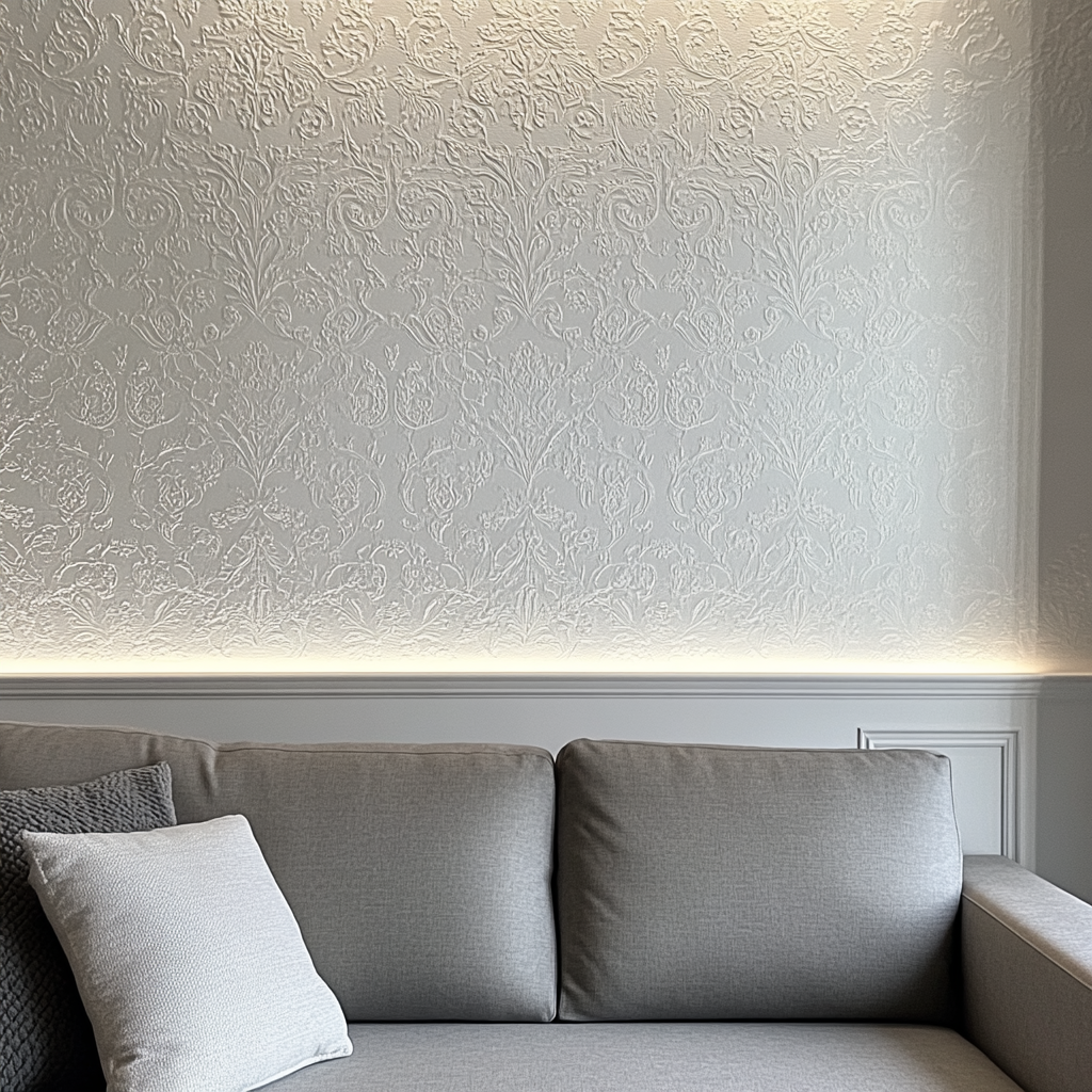 Intricate patterns and textures on the white living room wall.