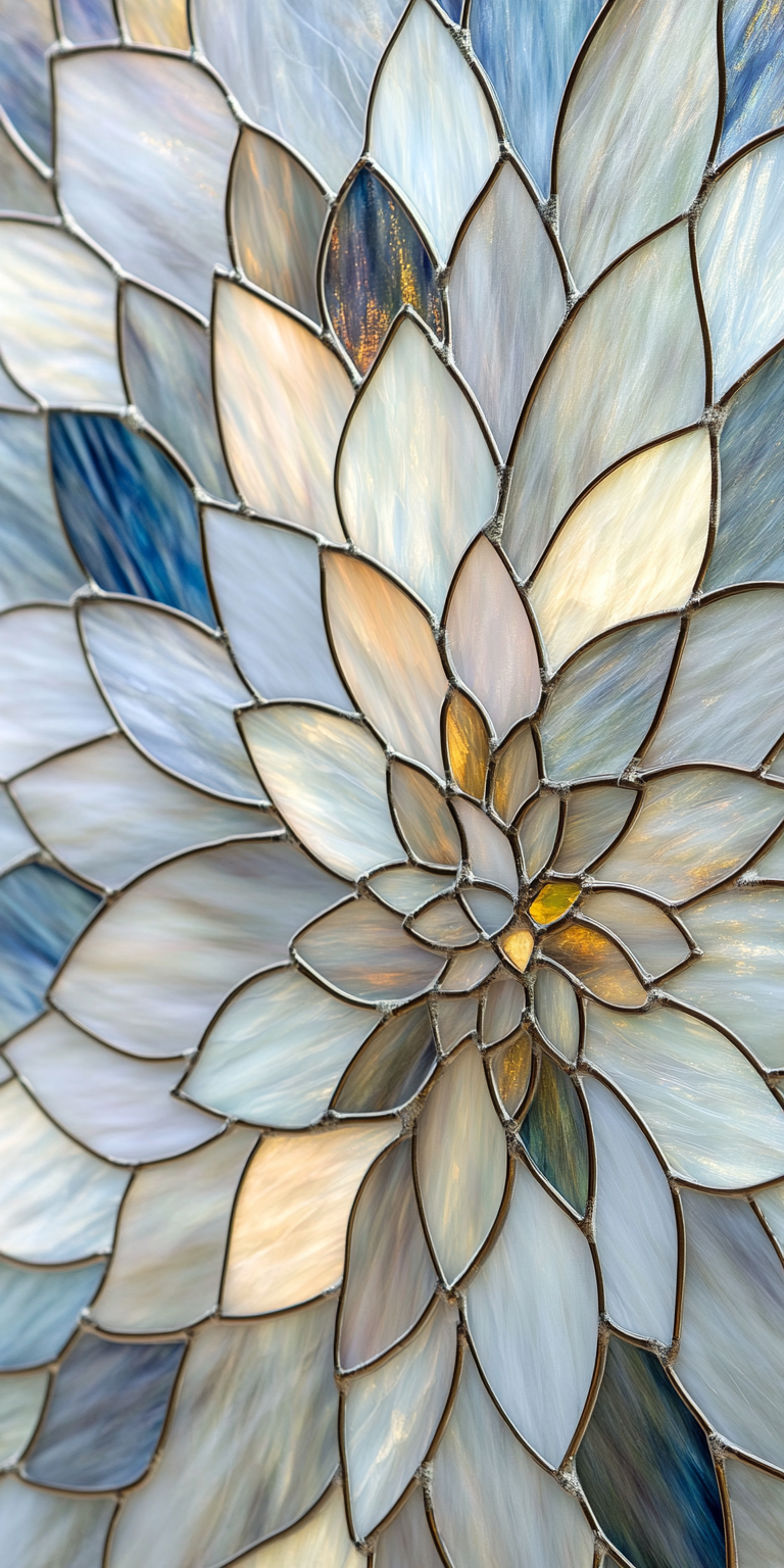 Intricate stained glass Dahlia art on tall vase.