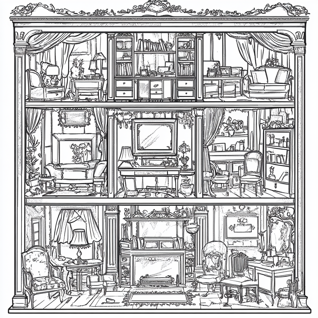 Intricately designed dollhouse coloring page with miniature furniture.