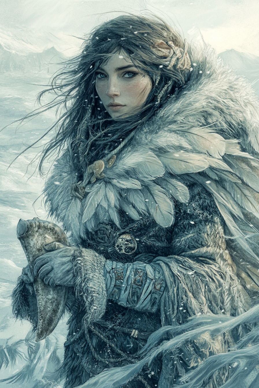 Inuit sea goddess Nerrivik with flowing hair, peaceful face.