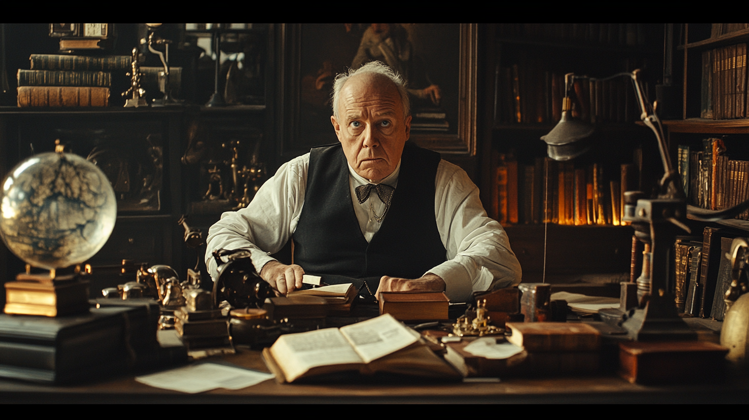 Inventor resembling Anthony Hopkins in 19th century office