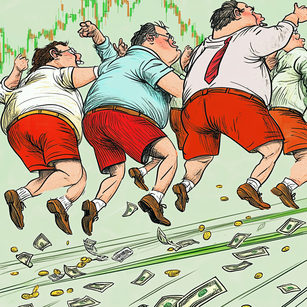 Investment bankers wear tight shorts, grab money on floor