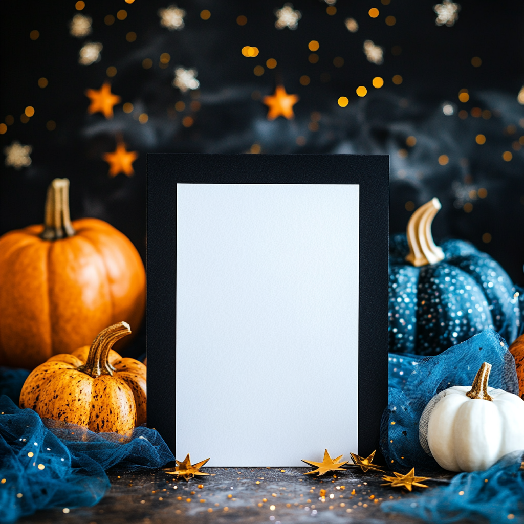 Invitation mockup card with pumpkins, stars, and glitter.