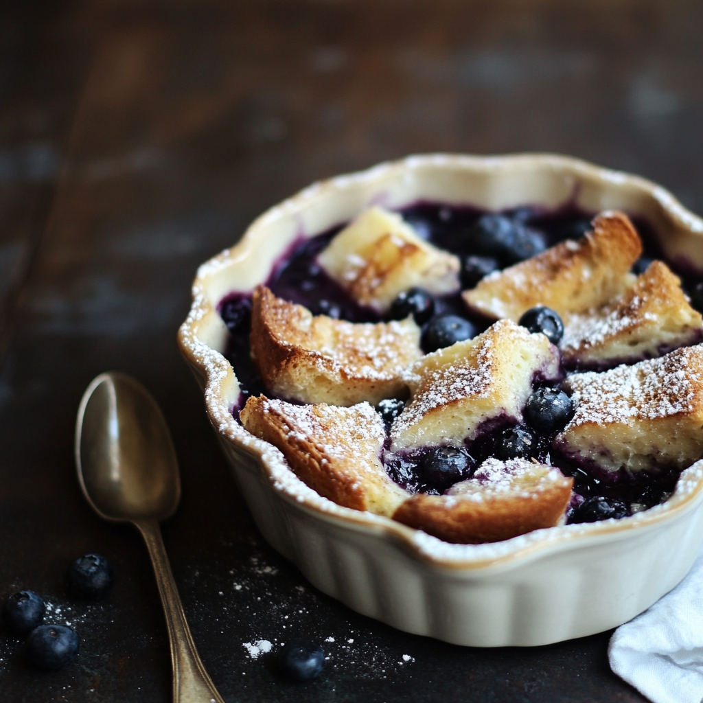 Inviting Blueberry Bread and Butter Pudding with lacy texture.