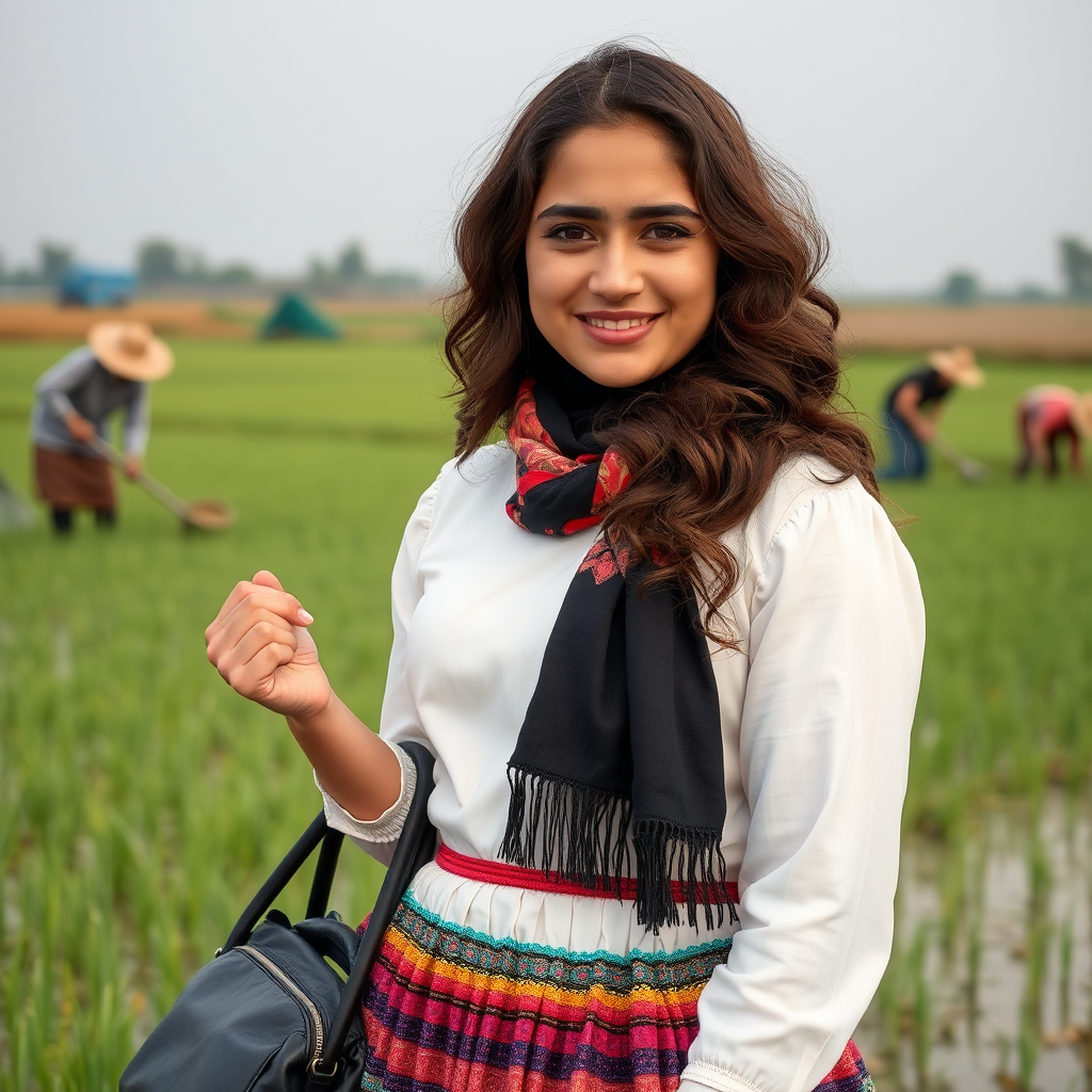 Iranian Muslim girl smiles in outfit at paddy field.