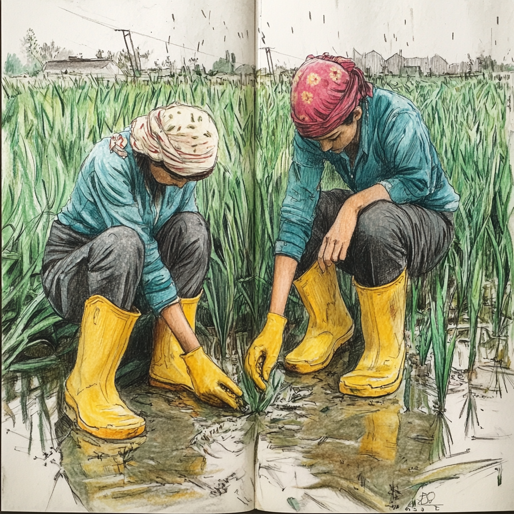 Iranian farmers cultivating rice in green, rainy atmosphere. Symmetric layout.