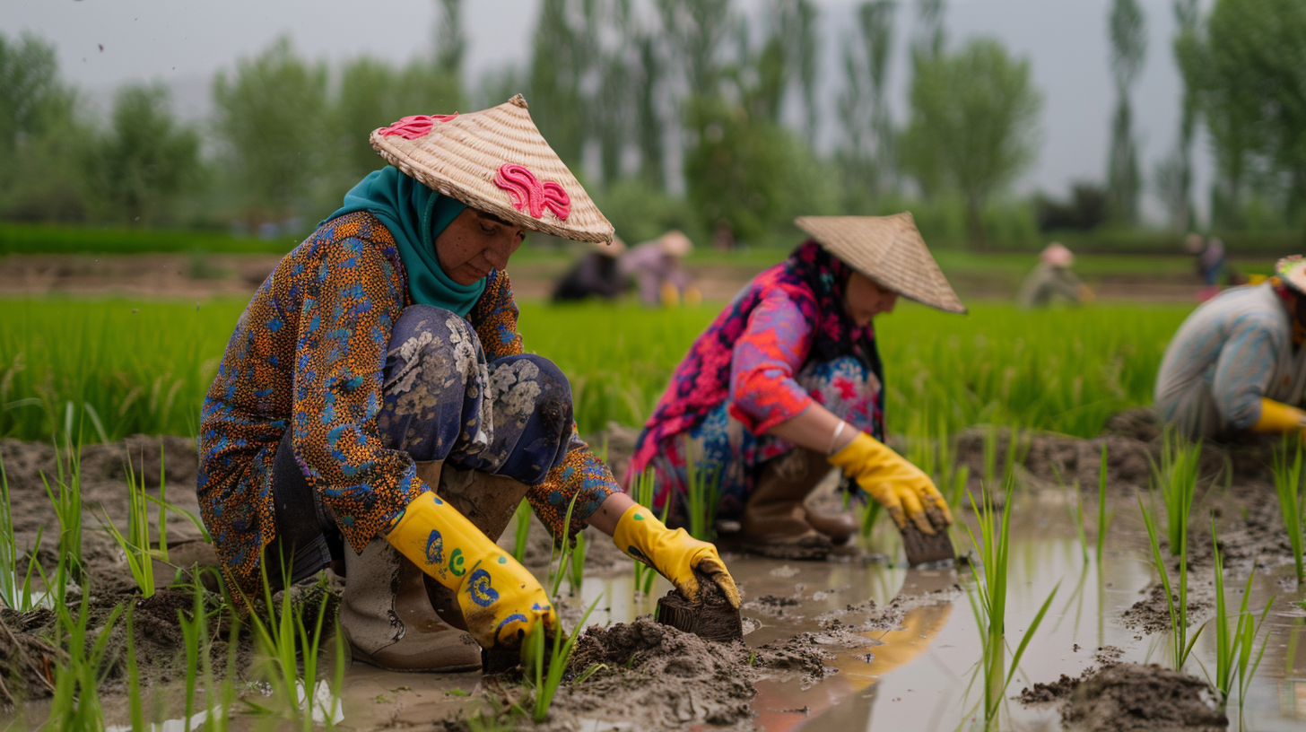 Iranian farmers in field wearing colorful hats planting seedlings.