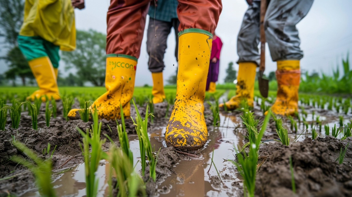 Iranian farmers plant rice seeds in grasslands field.