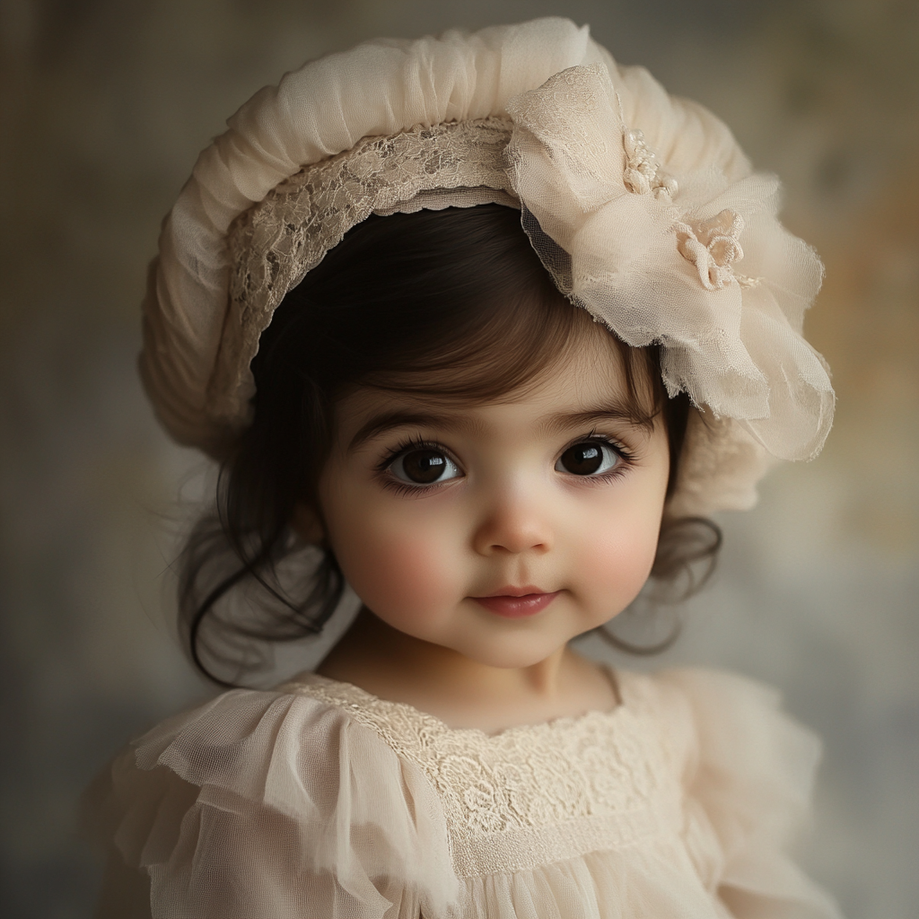 Iranian girl in tulle dress and hat with lace.