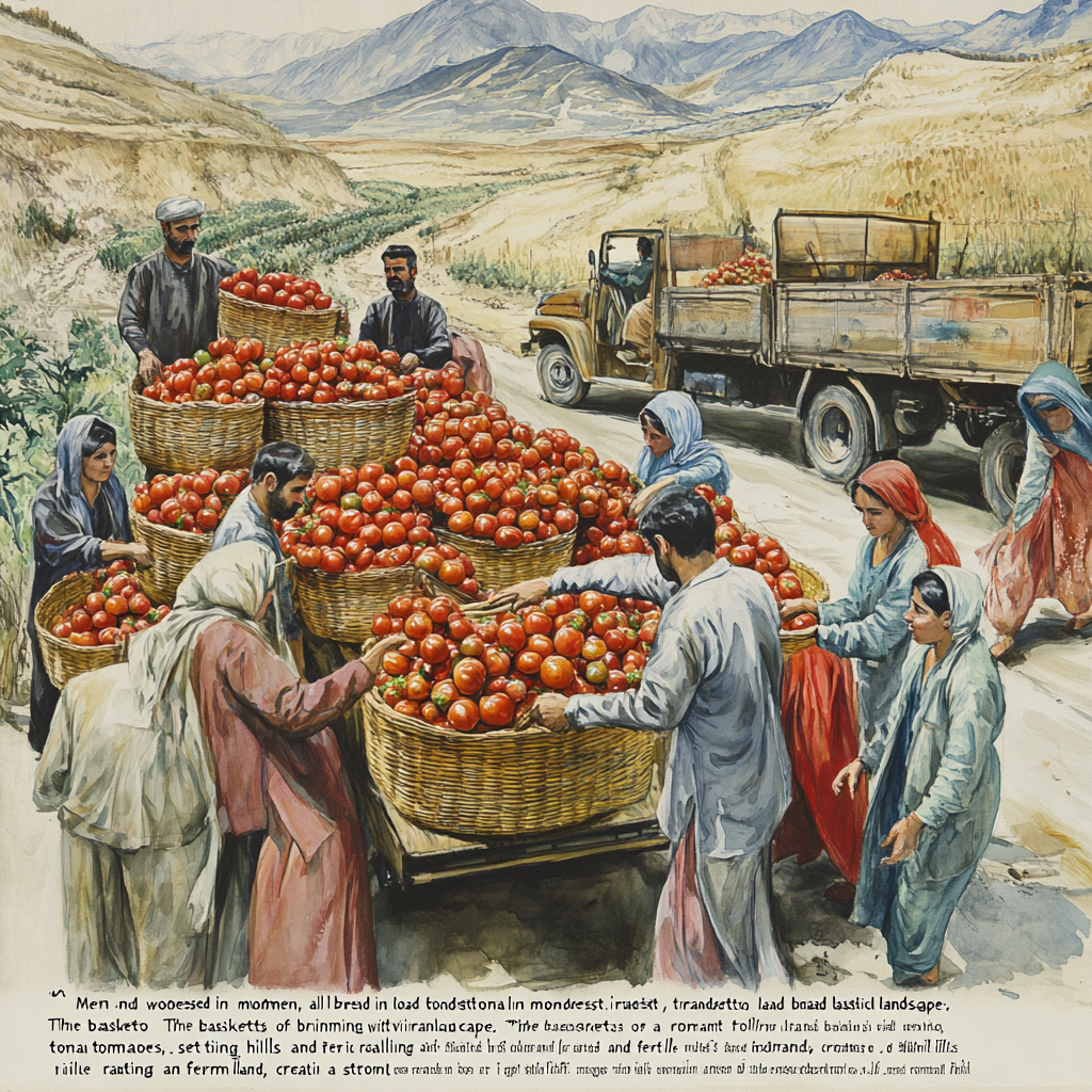 Iranian men and women load tomatoes in rural setting