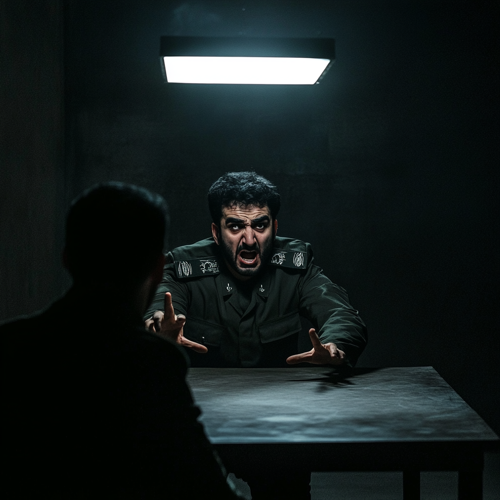 Iranian military officer interrogating shadowy figure in dark room.