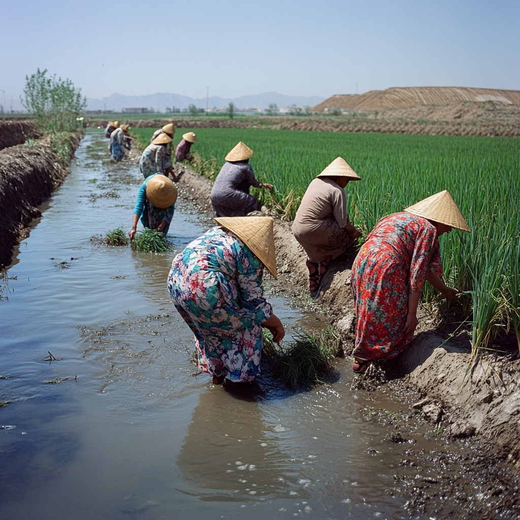 Iranian people plant rice seedlings in colorful outfits.