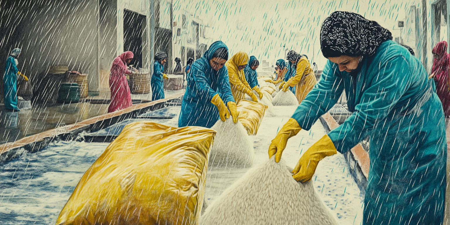 Iranian women workers sketching, neatening rice in factory.