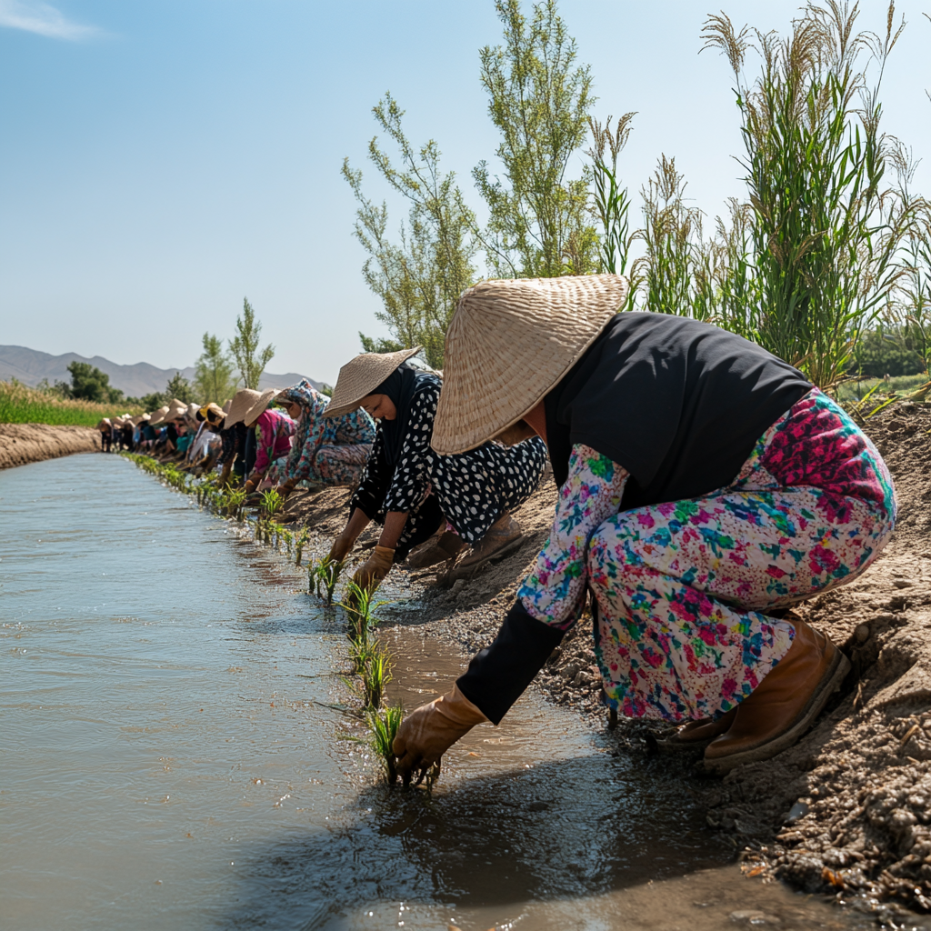 Iranians wearing colorful outfits planting rice seedlings by river.