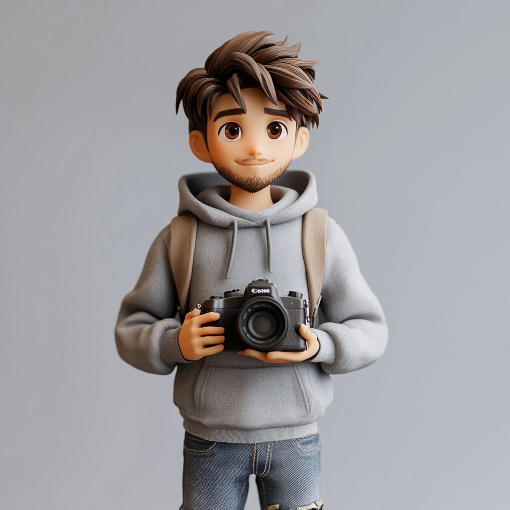 Iraqi boy with beard, hoodie and camera figurine.