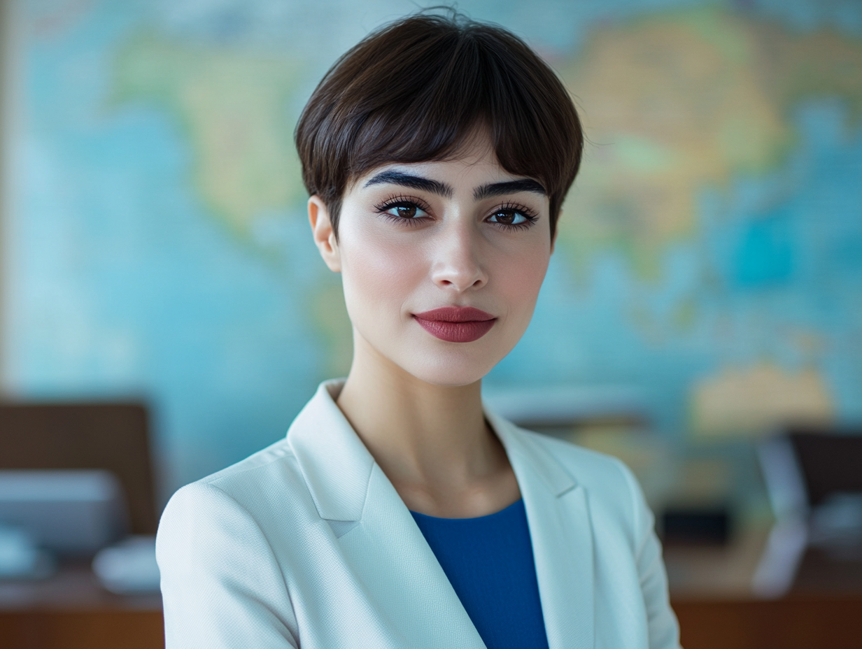 Iraqi woman in professional outfit stands at desk.