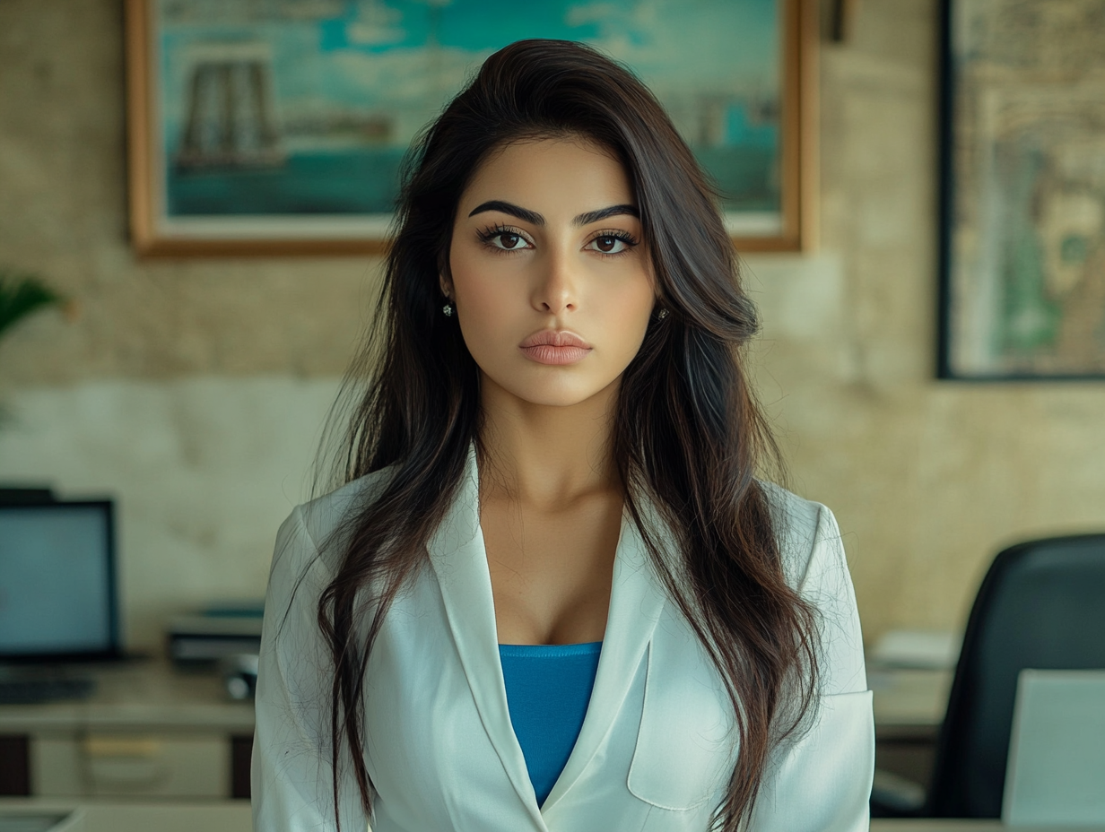 Iraqi woman with tall hair, white outfit photo.