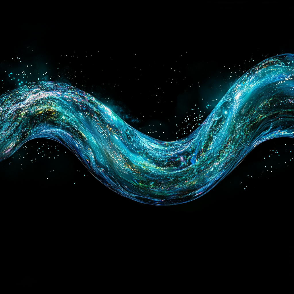 Iridescent snake-like water wave, blue-green gradient, black background.