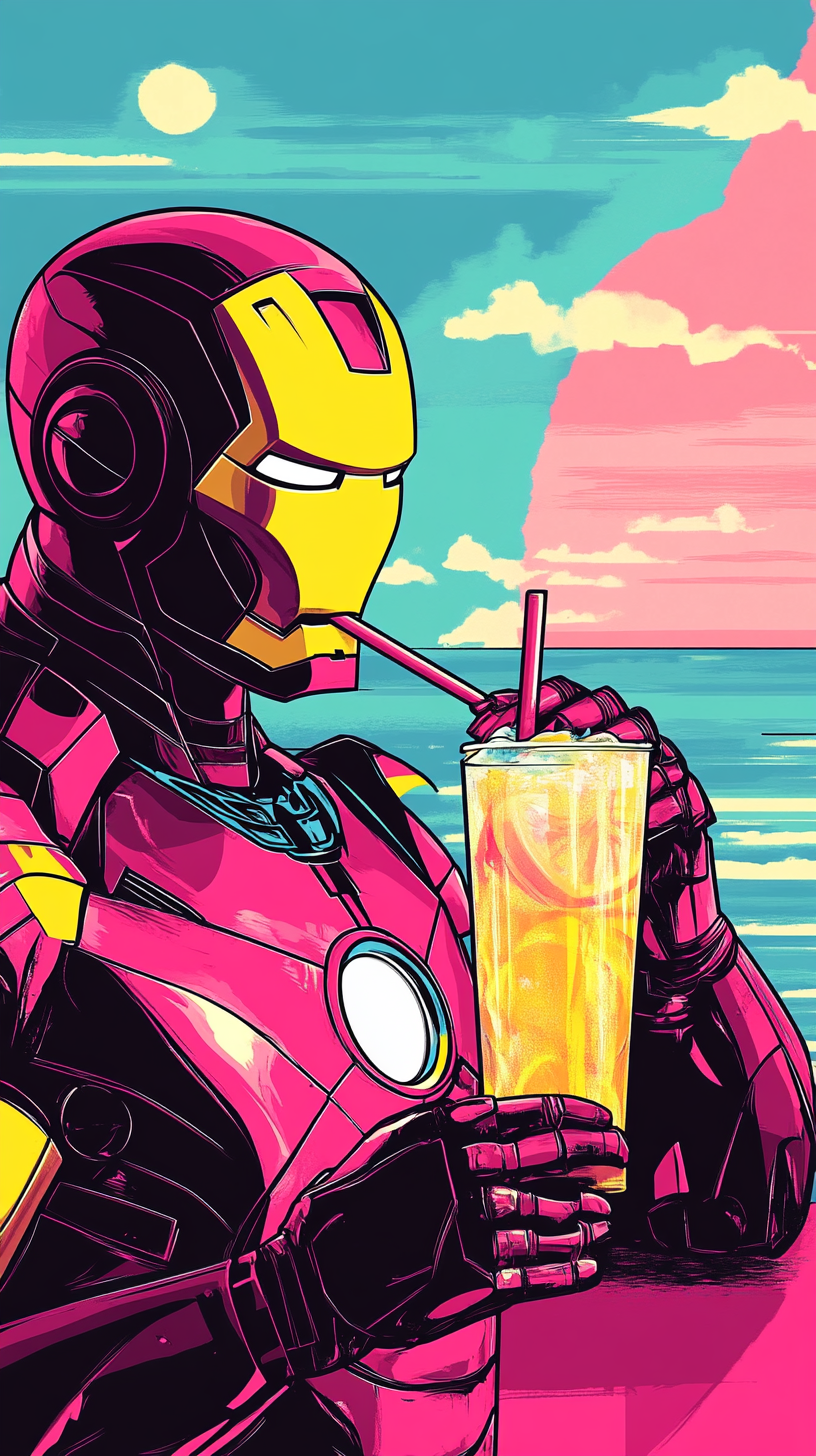 Iron Man Drinking Lemonade in Pop Art Style