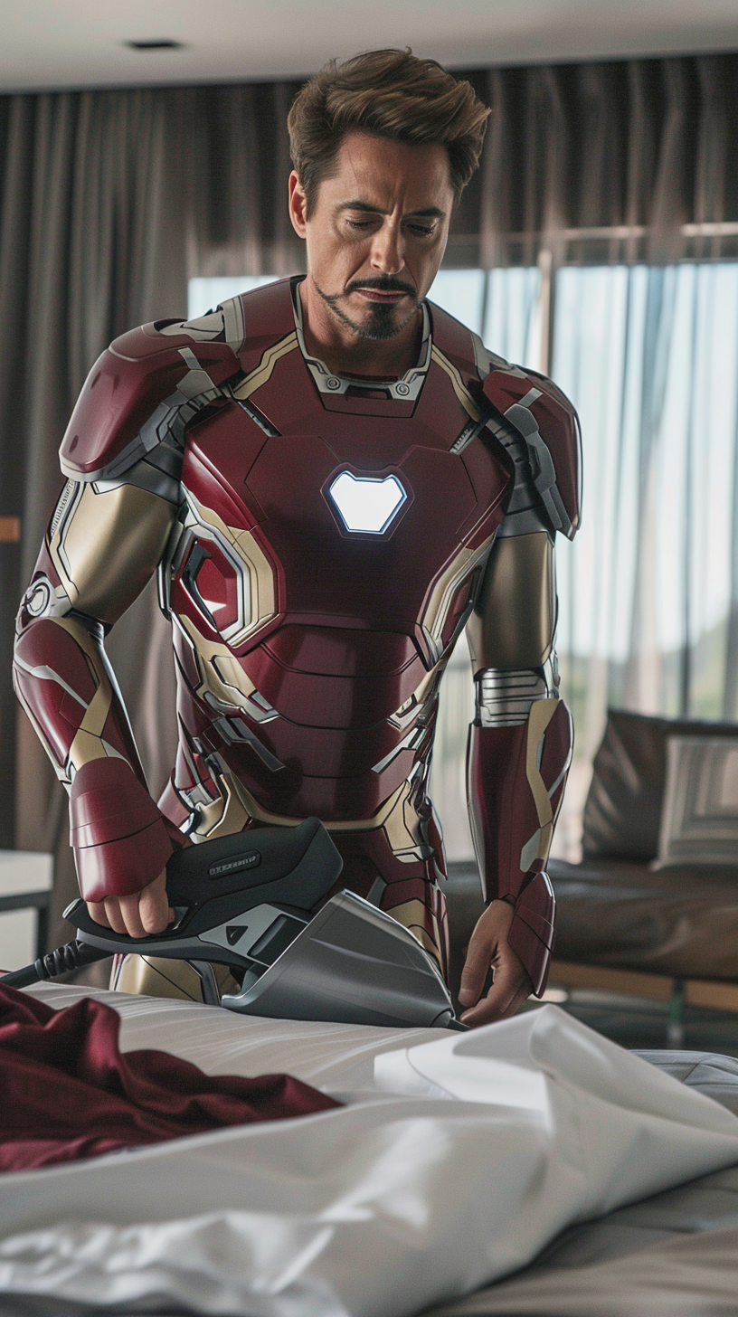 Iron Man Ironing Clothes in Modern Bedroom Scene