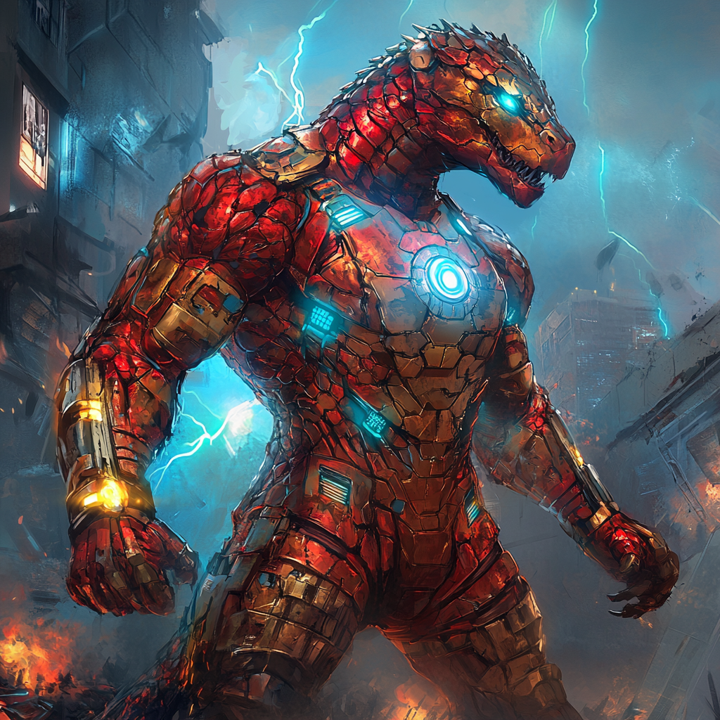 Iron Man and Godzilla fusion with glowing arc reactors.