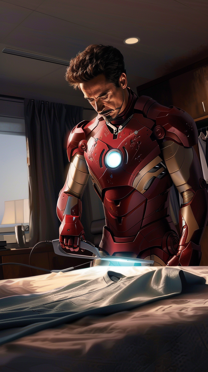 Iron Man ironing shirt in modern bedroom, humorous contrast.