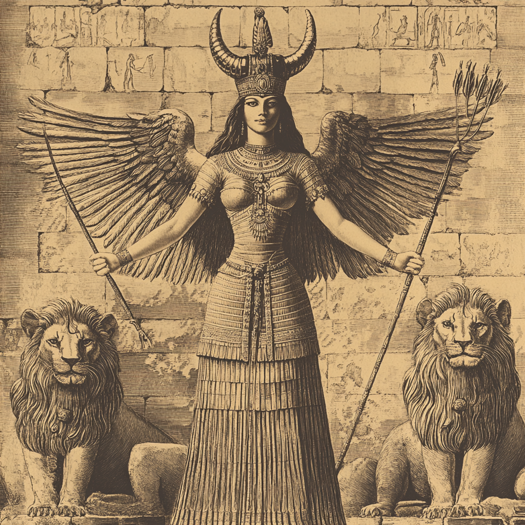 Ishtar, Mesopotamian goddess in crown, gown, bow, and wings.