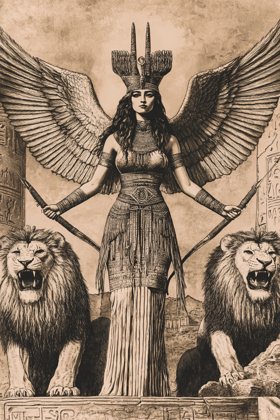 Ishtar, beautiful Mesopotamian goddess of love, beauty, war illustration