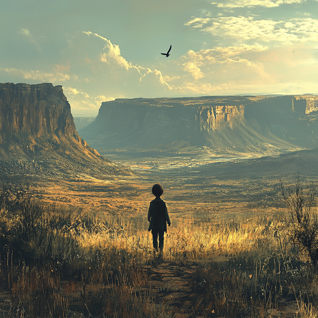 Isolated Child Walking in Artistic Valley Sunset Scene