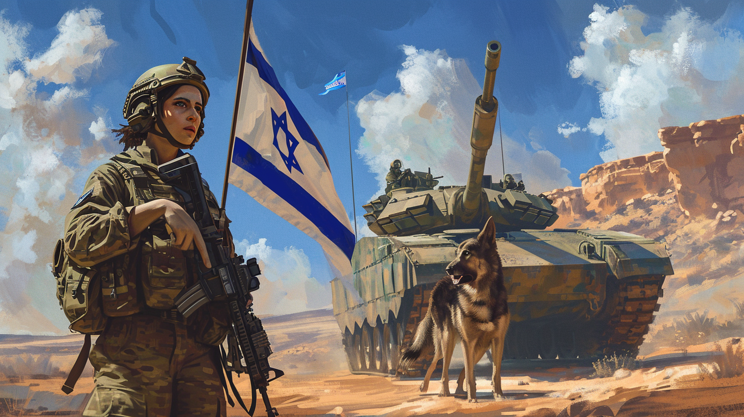 Israeli female soldiers with German Shepherd in action