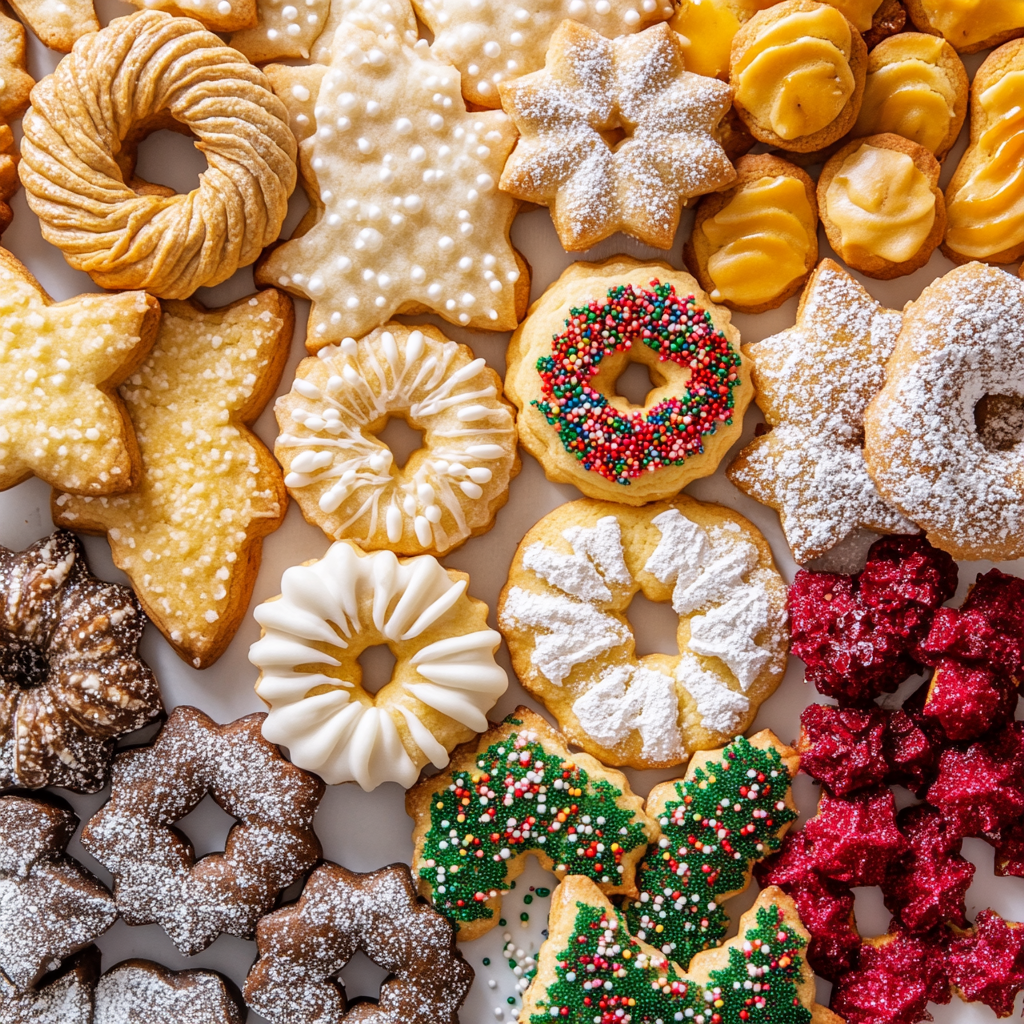 Italian Christmas cookies arranged on white background. Sprinkles & icing.