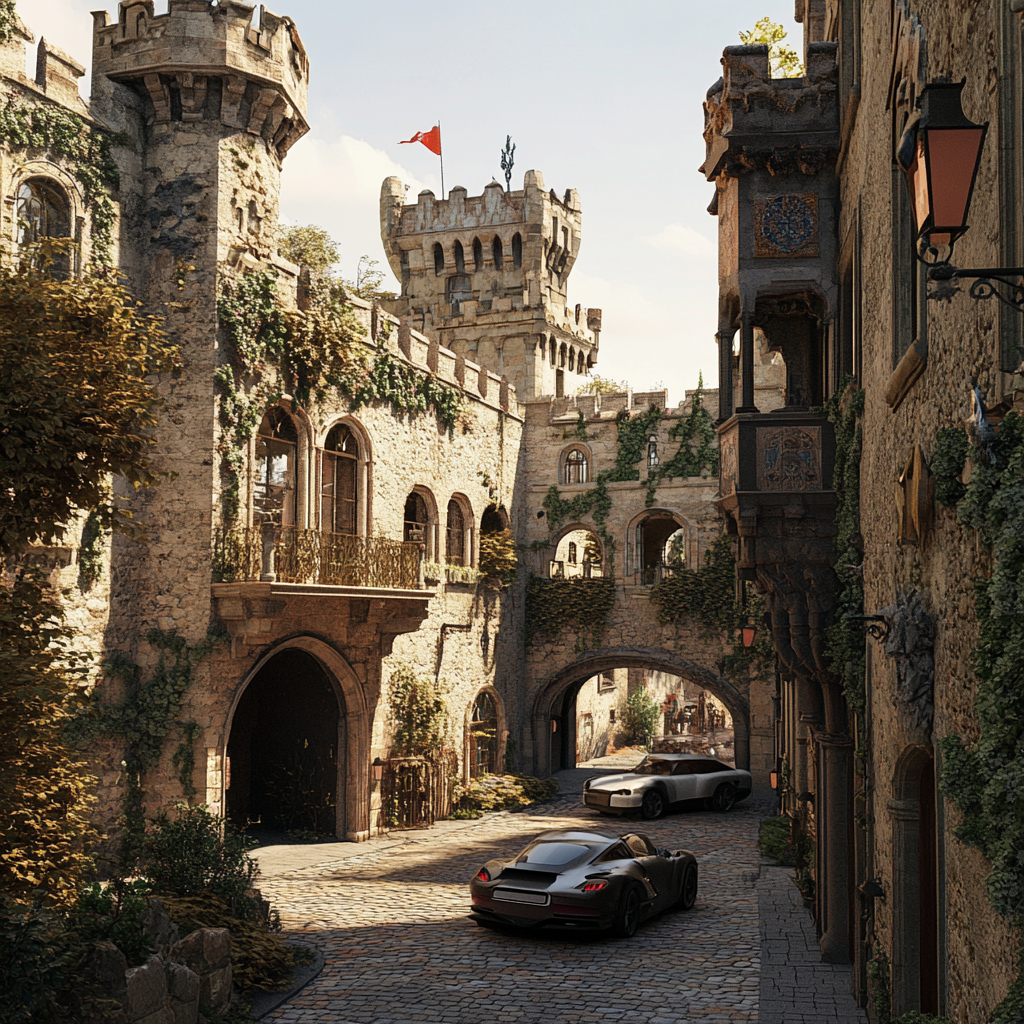 Italian and Chinese castle street with parked cars, daytime view.