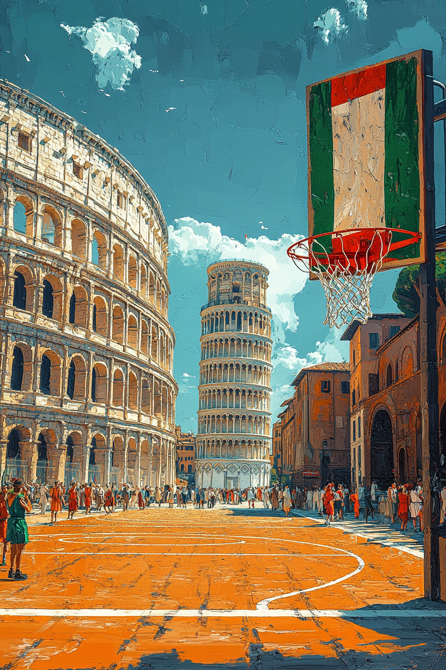 Italian basketball court with flag, Colosseum, traditional clothing.