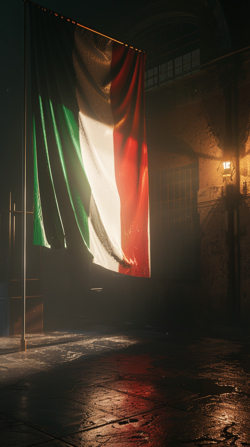 Italian flag illuminated by projector. Stunning, cinematic lighting effect.