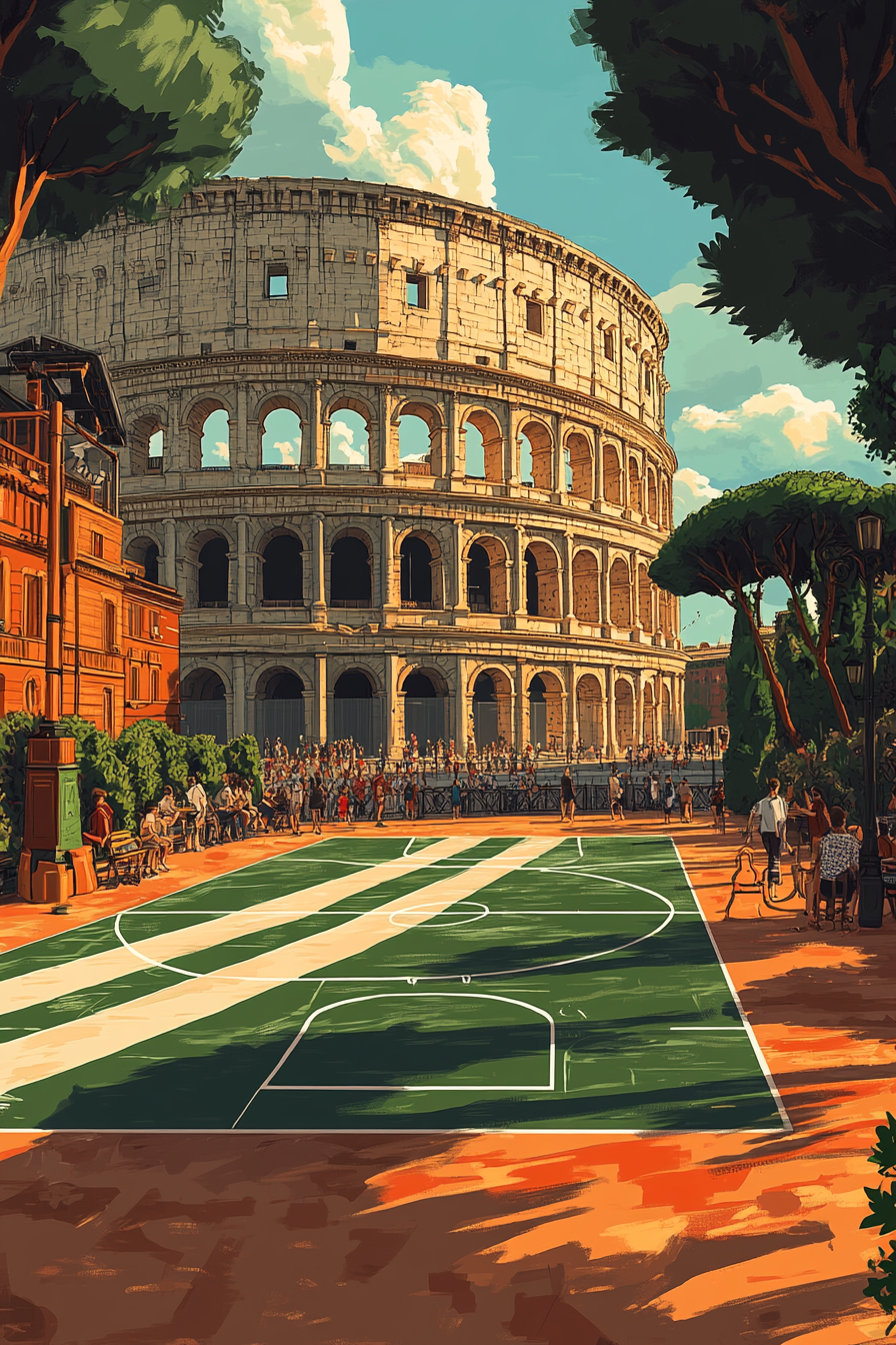 Italian flag inspired basketball court in front of Colosseum.